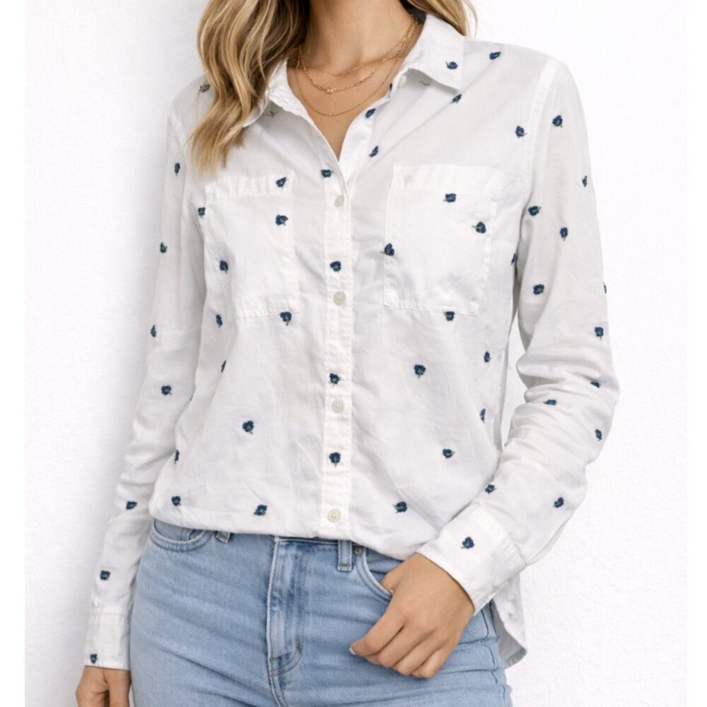 Miami White Button Down Shirt Women’s Small Printed Long Sleeve Top
